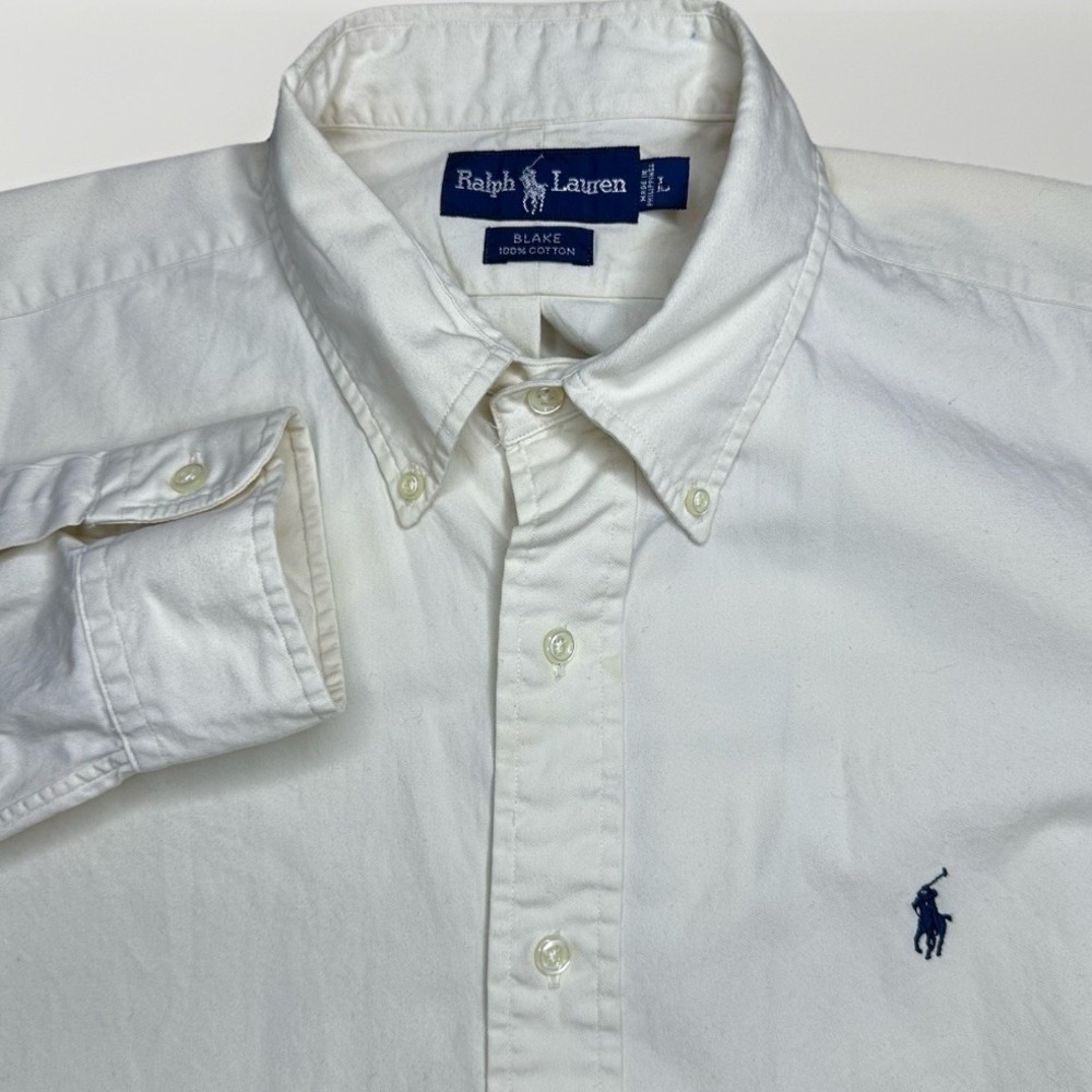 Vintage Polo Ralph Lauren Blake Shirt Men Sz L Ivory Beige Cotton Long Sleeve